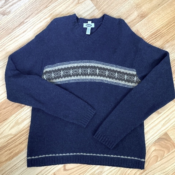 Old Navy Men's L Fair Isle Wool Blend Snowflake Sweater Navy warm Grandpa Preppy - Picture 1 of 9